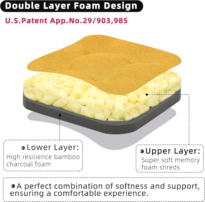 GOFORIT Memory Foam Cushion，Square Seat Cushions for Dining Chairs,Non-Slip Chair Pads with Removable Cover, 16'' x 16'', 2 Pack,Yellow - Image 3
