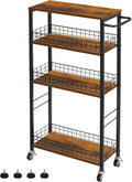YBING Slim Storage Cart 4 Tier Narrow Kitchen Rolling Cart | Wooden Tabletop, Mobile Utility Stand on Wheels, For Bathroom Laundry Narrow Places, Rustic Brown 16.5"L x 7.3"W x 34.6"H by YBING