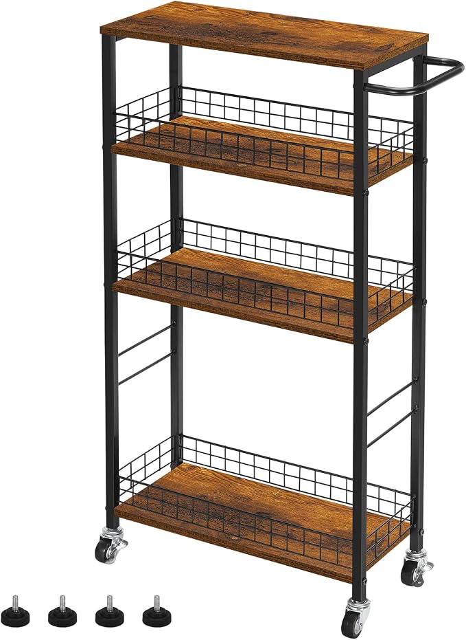 YBING Slim Storage Cart 4 Tier Narrow Kitchen Rolling Cart | Wooden Tabletop, Mobile Utility Stand on Wheels, For Bathroom Laundry Narrow Places, Rustic Brown 16.5"L x 7.3"W x 34.6"H by YBING