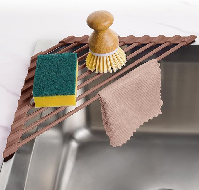 Tomorotec Triangle Roll Up Dish Drying Rack with Silicone Coating, Brown | 304 Stainless Steel with BPA-Free Silicone, Triangle Design Maximizes Sink Corner Space, Fits Compact Kitchens And RVs by Tomorotec