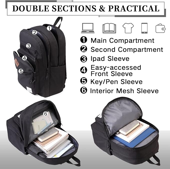 VASCHY School Backpack for Men, Unisex Large Bookbag Schoolbag Casual Daypack for High School/College/Teens/Travel/Work Black - Image 5