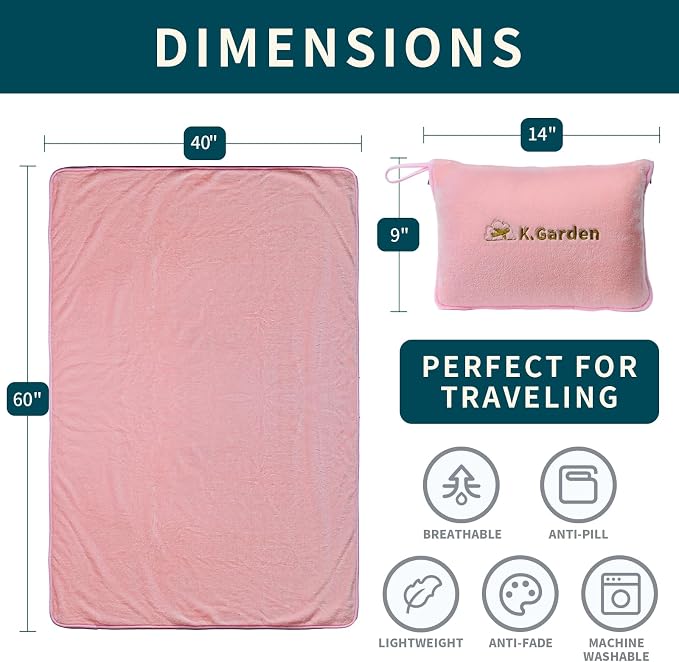K.Garden Travel Throw Blanket Pillow, Pink | 2 in 1, Soft, Compact, Luggage Backpack Strap, Airplane Flight Essentials - Image 3