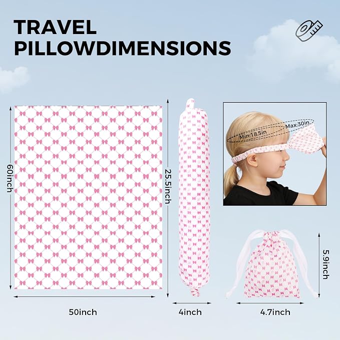 Travel Pillow with Detachable Flannel Blanket & Eye Mask – Plush Velvet Neck Support Pillow for Airplane,Car,Office Rest,Coordinated Digital Print Set (Pink Bow, 50in * 60 in) - Image 3