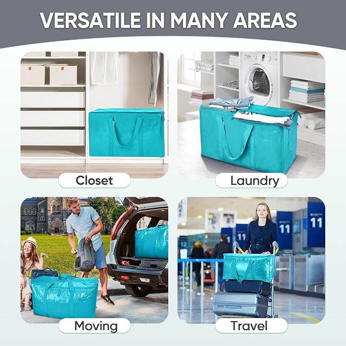 TICONN 2 Pack Extra Large Moving Bags Heavy Duty with Zippers & Carrying Handles, Durable Storage Bags Moving Boxes for Closet Organizers and Storage (2 Pack, Aqua) - Image 9