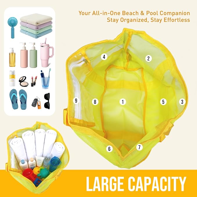 Large Mesh Beach Tote Bag, 9-Pocket Foldable Summer Vacation Beach Bag for Travel, Pool, Gym, Cruise - Image 5