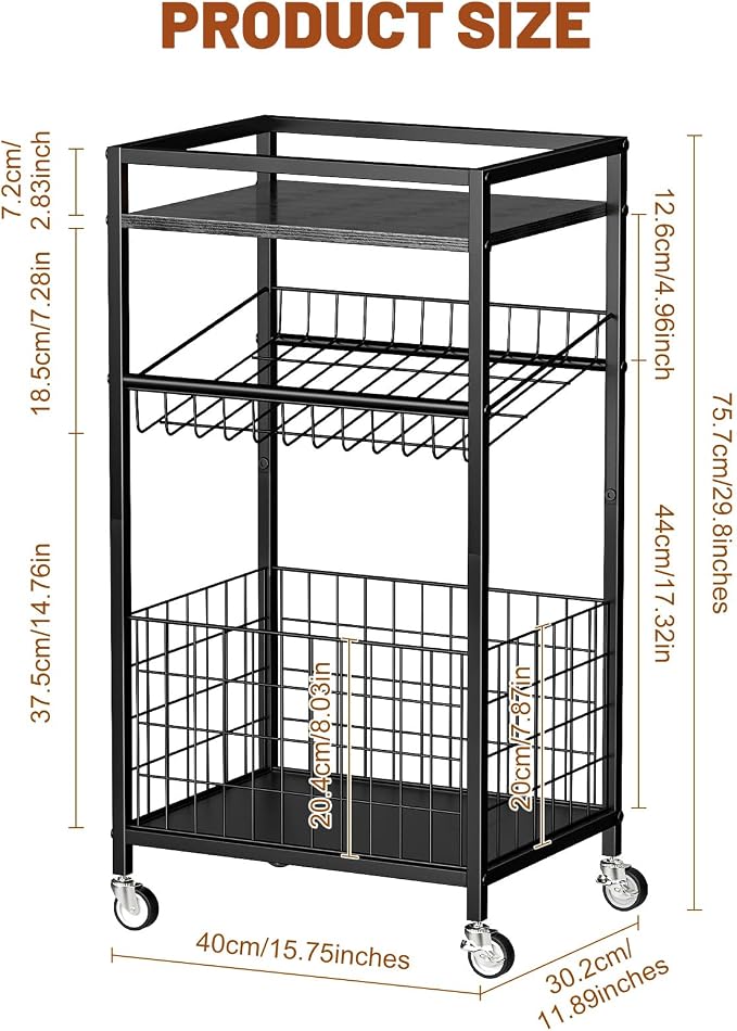 Fruit Vegetable Cart, 3-Tier Snack Cart on Wheels & Wood Top, Black | Vegetable Rack For Kitchen, Kitchen Cart Organizer for Fruit, Vegetables, Potato, Snack - Image 2