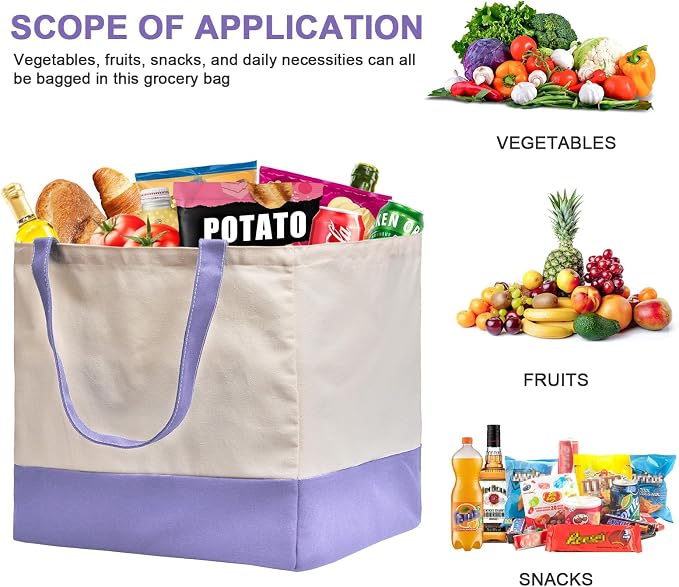Reusable Grocery Bags Heavy Duty, 8.3 gal Foldable Large Canvas Tote Bag with Handles, Holds 60 lbs Canvas Shopping Bags, 3 Pack（Off White+Light purple） - Image 5