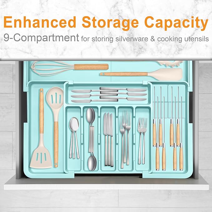 Homecor Silverware Organizer - Expandable Large Kitchen Drawer Organizer Utensil Organizer with 2 Knife Block Inserts, 22"x 19"Cutlery Tray with Drawer Dividers for Kitchen Flatware (Turquoise) - Image 7