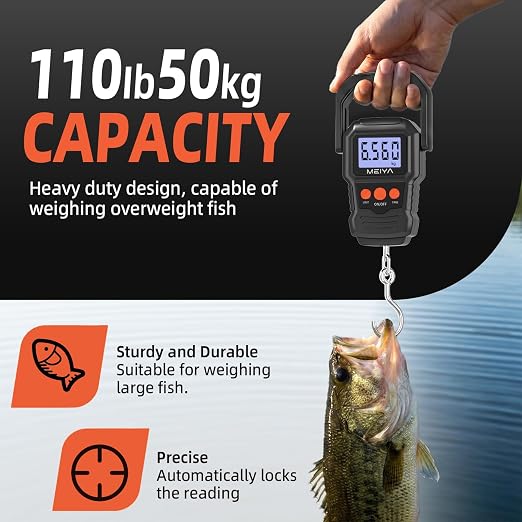 MEIYA Digital Fish Scale with Backlit LCD Display Up to 110lb/50kg for Anglers, Accurate Luggage Scale for Travel, Outdoor, Home Use, Includes 2 AAA Batteries and Hook, Essential Fishing Gear - Image 4