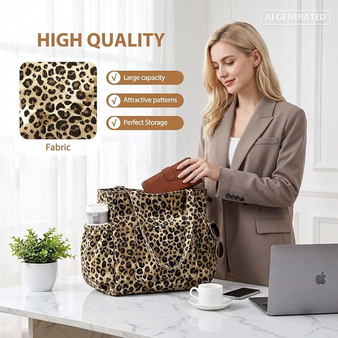Corduroy Tote Bag for Women,Large Capacity Cute Tote Bags With 6 Pockets,Crossbody Shoulder Handbag for Work Travel Gym - Image 7