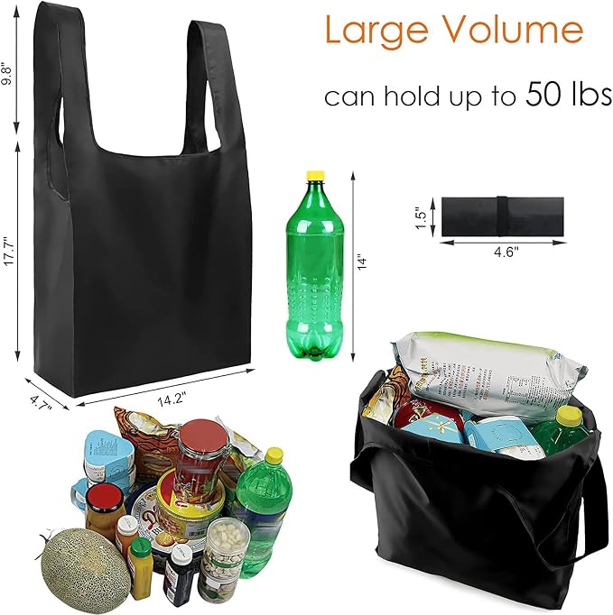 BeeGreen Black Reusable Grocery Bags Shopping Bags for Groceries 12 Pack Heavy Duty - Foldable Polyester Grocery Totes with Handles and Zipper Bag, Large Travel Washable Holiday Tote Bag Bulk​ - Image 3