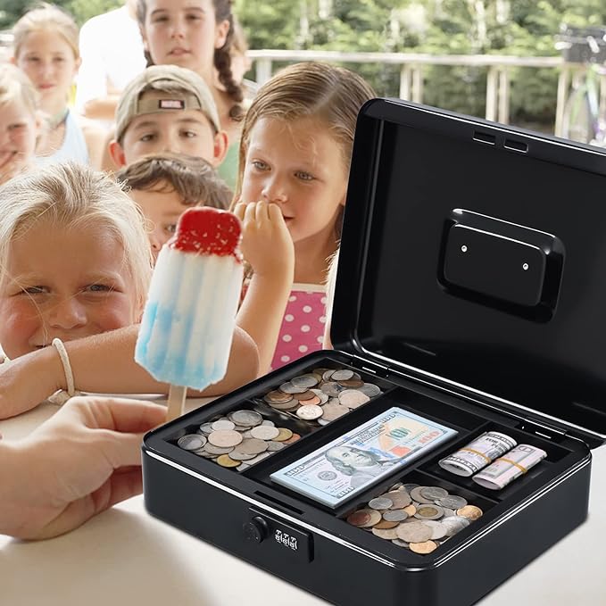 KYODOLED Metal Cash Box with Combination Lock Money Box for Cash Safe Metal Box with Money Tray for Security Lock Box 11.81"x 9.45"x 3.54" Black X Large - Image 6