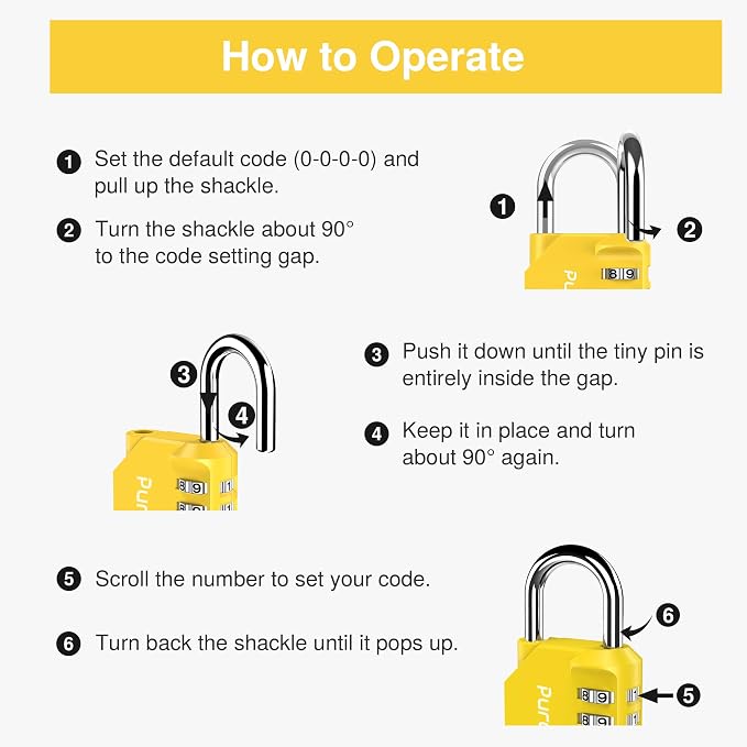 Puroma 1 Pack Combination Lock Locker 4 Digits Combo Padlock Gym Yellow | For School Gate Fence Toolbox Hasp Storage, Outdoor, Resettable, Weatherproof, Side Window, Crack Cut Resist, Hardened Steel - Image 7