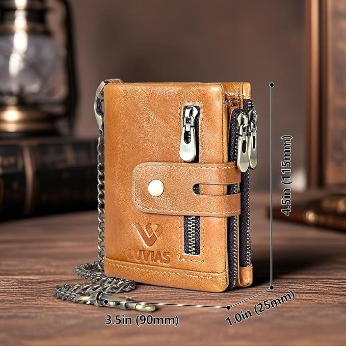 Anti-Theft Mens Wallet with Chain Genuine Leather ID Window Purse with RFID Blocking Bifold Double Zipper Coin Pocket with Gift Box - Image 5