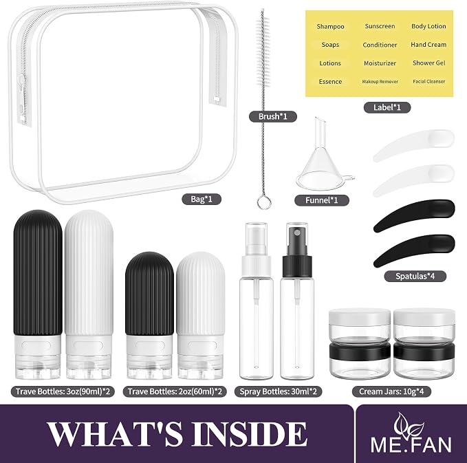 ME.FAN Travel Bottles for Toiletries,18 Pack Silicone Portable Size Bottle, TSA Approved Refillable Cosmetic Container Kits for Conditioner, Shampoo, Lotion,Face Cream - Black/White - Image 2