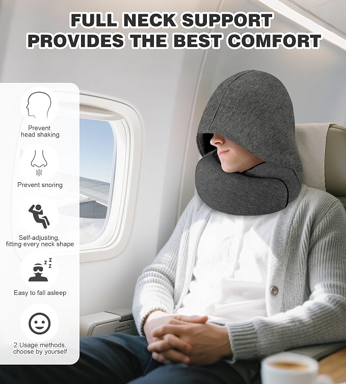 Travel Neck Pillow, Newly Upgraded Hooded Neck Pillow, 100% Pure Memory Foam Travel Pillow for Flight Headrest Sleep,Portable Aircraft Accessory,Suitable for use in Plane/Car/Office(Grey) - Image 6