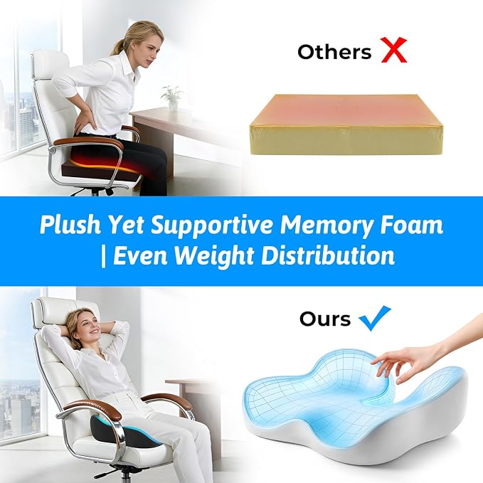 Seat Cushion for Tailbone & Sciatica Pain Relief | Certified & Ergonomist-Designed,Tapered Front Edge Reduces Thigh Pressure,Wide Memory Foam for Office Chair, Car, Wheelchair - Image 5