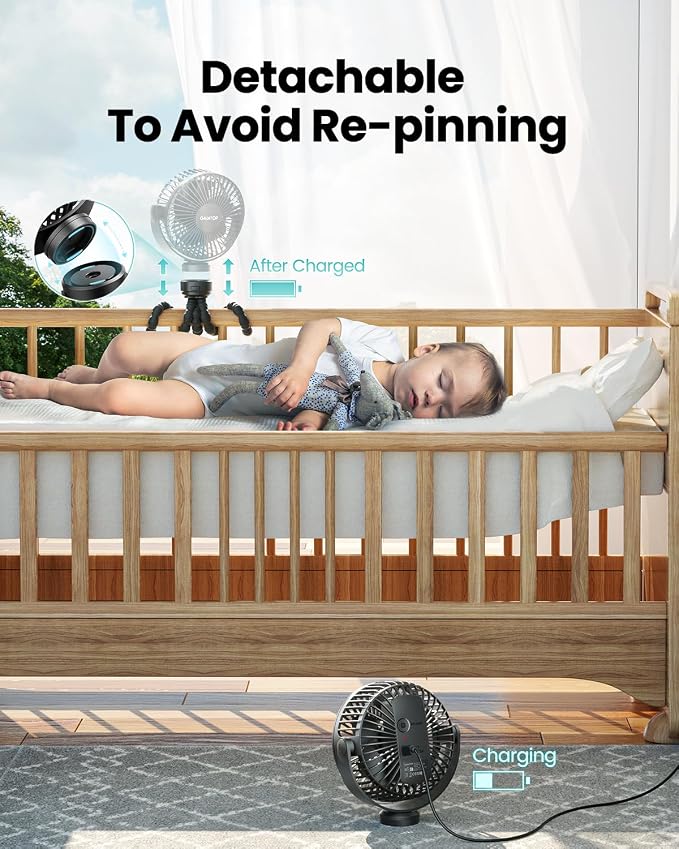 Gaiatop Mini Portable Stroller Fan, Small Clip on Fan 3 Speed Rechargeable | 360° Rotate Flexible Tripod, Battery Operated Detachable, Cooling for Car Seat Crib Treadmill Travel Black - Image 4