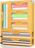 KOCWELL Bag Organizer and Plastic Wrap Dispenser with Cutter, 6 In 1 Bamboo Foil and Plastic Wrap Organizer for Kitchen Drawer, Food Storage Bag Organizer for Gallon,Quart,Sandwich,Snack(Yellow) by KOCWELL
