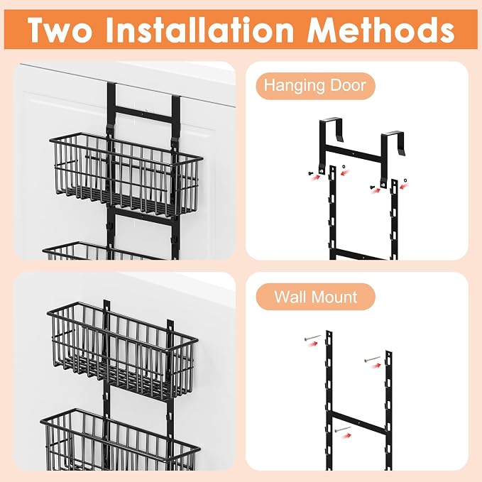 Hongtamoya Adjustable Over the Door Organizer, Metal Hanging Door Organizer with 5 Wire Basket 7 Hooks, Wall Mounted Shelf for Pantry Laundry Organization and Storage, Black - Image 9