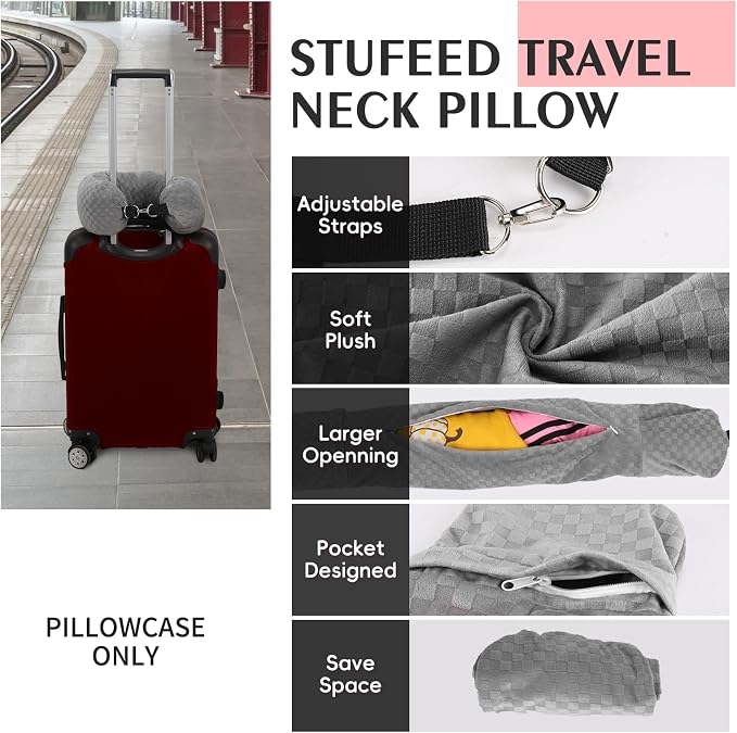 Stuffable Neck Pillow for Travel, Packable Neck Pillow (Grey-Checkerboard) | Velvet cover, Stuff with clothes to save luggage space, No extra baggage fees, Fits 5+ days travel essentials, Zipper closure - Image 3