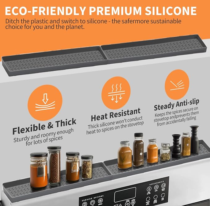 BFONS 30" Magnetic Stove Top Shelf Spice Rack Storage, Silicone Top Heat Material Stove Rack Shelf Flexible Seasoning Organizer Kitchen Shelves Gadgets with 2 Functional Prtitions for Kitchen （Grey） - Image 6