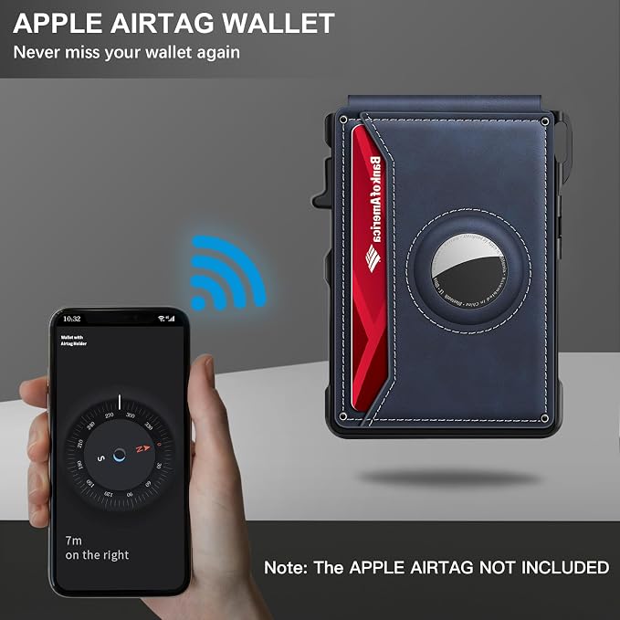 KIKVES Airtag Wallet for Men, Mens Smart Wallet for Air Tag RFID Blocking, Minimalist Bifold Pop Up Aluminum Credit Card Case Holder 12+ Cards with ID Window, Gift for Men, No Airtag Included, Navy - Image 4