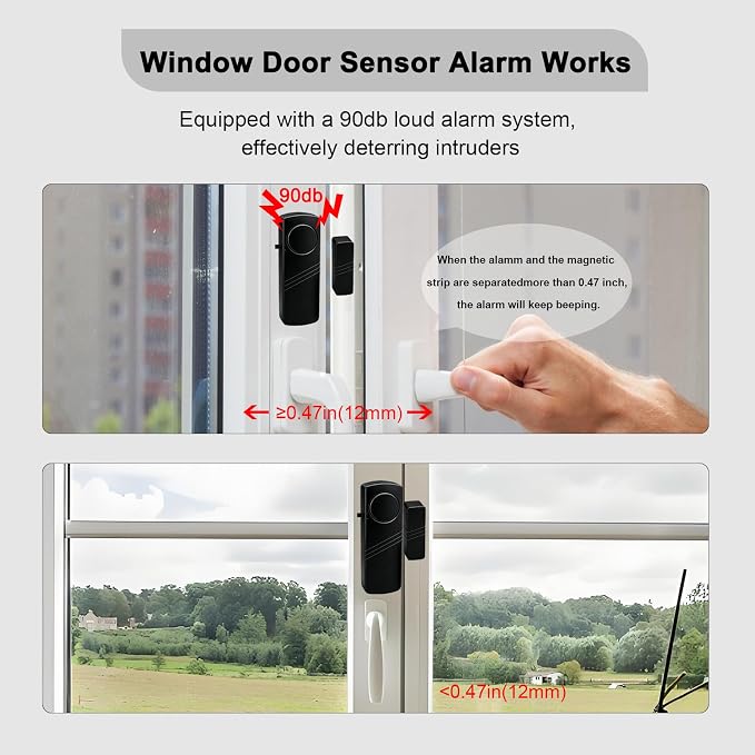 Door Window Alarm - 90dB Loud Home Security Sensor for Kids Safety, Burglar Alert for House, Apartment, Office, Hotel & Pool Window, Black (6 Pack) - Image 8