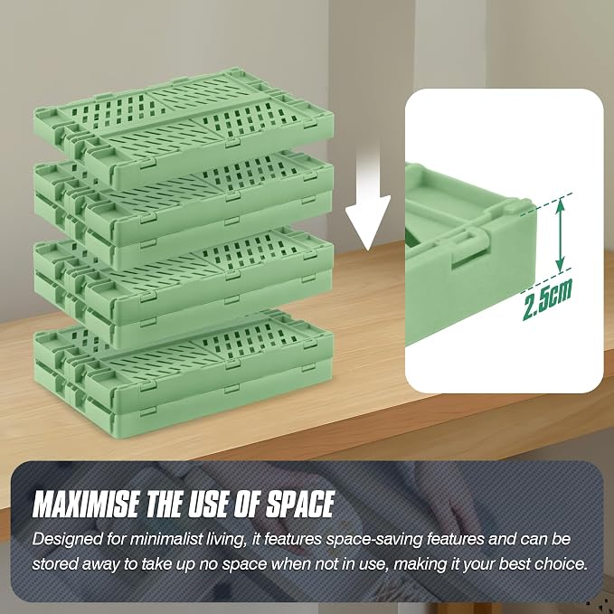 4 Pcs Collapsible Storage Crates, 10x5.9x4 inches Space-Saving Folding Containers, Stackable Plastic Boxes for Home Kitchen Office Bedroom Bathroom, Green - Image 3