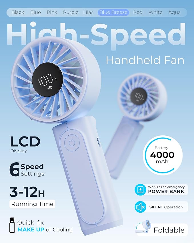 Peiyuu Portable Fan, 4000mAh Rechargeable, 180° Foldable Mini Desk Fan with 6 Wind Speed, LCD Digital Display, Lanyard as Neck Fan, Ultra Quiet, Pocket Size for Indoor Outdoor - Image 2