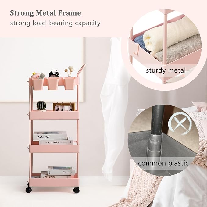 Danpinera 4-Tier Pink Slim Storage Cart, Narrow Laundry Cart with Wheels, Dividers, Hanging Cups, Hooks, Easy Assembly - Image 4