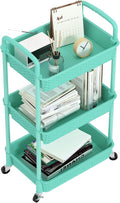 MOYIPIN 3-Tier Plastic Rolling Utility Cart with Handle,Turquoise | Utility Storage Cart for Office, Living Room, Kitchen,Movable Storage Organizer，Easy installation，Rattan-like art design by MOYIPIN
