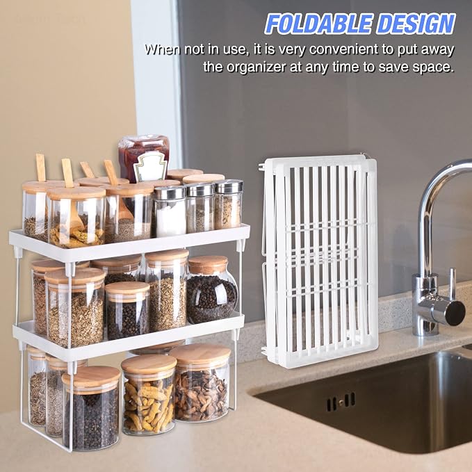NiHome 2-Pack Stackable Plastic Kitchen Storage Shelf Foldable Rack, White | Stackable Kitchen Cabinet Organizer and Storage Shelves, Expandable Storage Racks for Counter Cabinet Pantry - Image 7