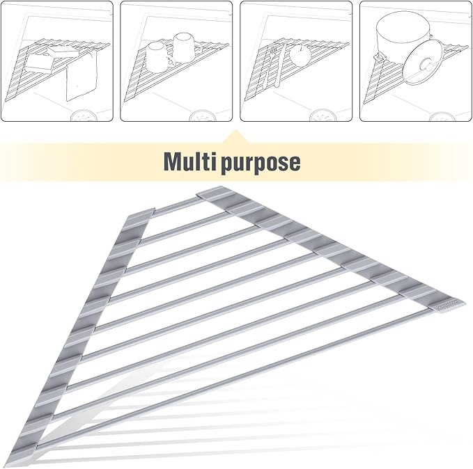 Tomorotec Triangle Roll Up Dish Drying Rack with Silicone Coating, Gray | 304 Stainless Steel with BPA-Free Silicone, Triangle Design Maximizes Sink Corner Space, Fits Compact Kitchens And RVs - Image 7