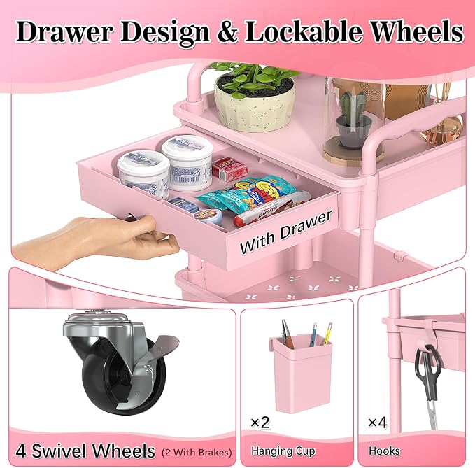 SUNALLY 3 Tier Rolling Cart with Drawer, Craft Storage Cart Organizer, Pink | Bathroom Storage Organizer with 2 Lockable Wheels, Rolling Utility Cart for Kitchen, Office, Baby, Makeup, Nail,Snack,Laundry - Image 3