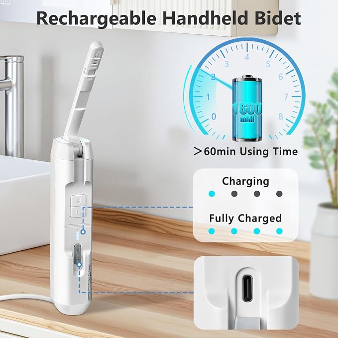 SPACEREST Portable Bidet for Home & Hotel use, Travel Bidet with Adjustable High Pressure & Flush Angle, IPX7 Waterproof, 1600mAh Electric Bidet for Women & Men with 2.5L Reservoir - Image 7