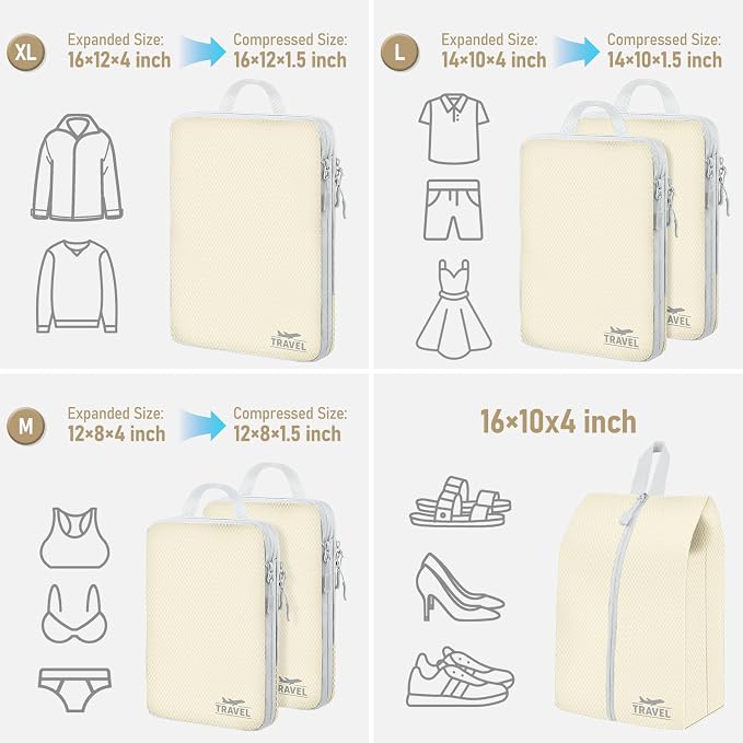 6 Set Compression Packing Cubes, Suitcase Organizer, Lightweight Travel Essentials, Compression Bags For Travel Accessories Luggage Storage Set (6Pcs, Beige) - Image 2