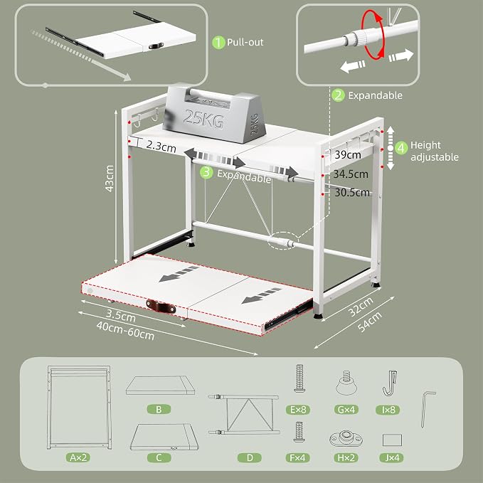 2 Tier Expandable Microwave Stand countertop,Microwave Oven Rack | Pull-Out Microwave Shelf, storage shelves for pans &appliances,Adjustable partition height，8 Hooks,55lbs max load,White - Image 3