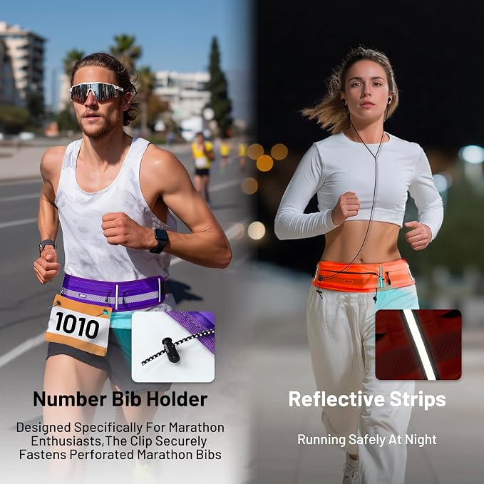 MIER Running Belt for Women & Men, Fanny Pack with Marathon Bib Clip Orange | Slim Adjustable Phone Holder Pouch; Reflective Waist Packs for Running Essentials; Waterproof Zipper Pockets - Image 5