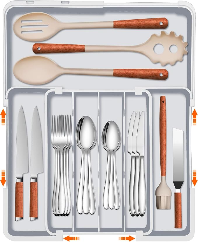 Silverware Drawer Organizer Tray, Adjustable Cutlery Storage for Kitchen, Expandable Flatware and Utensil Holder Divider for Spoons Forks Knives Tableware, 15 x 19, 4-7 Slots, Gray by Spaclear
