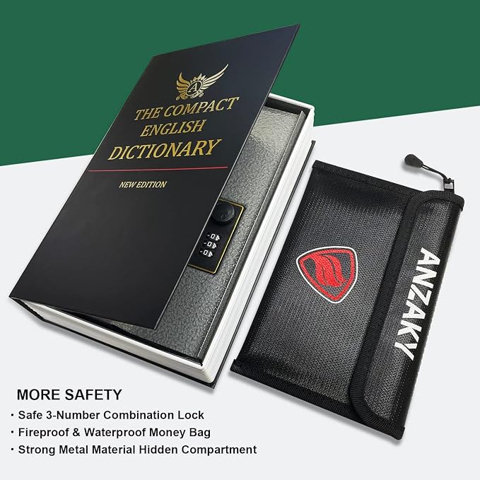 Dictionary Diversion Book Safe with Combination Lock and Fireproof Money Bag, ANZAKY Dictionary Storage Box for Cash Safe Hidden, Money Hiding Box, Secret Portable Metal Compartment Safe - Image 2