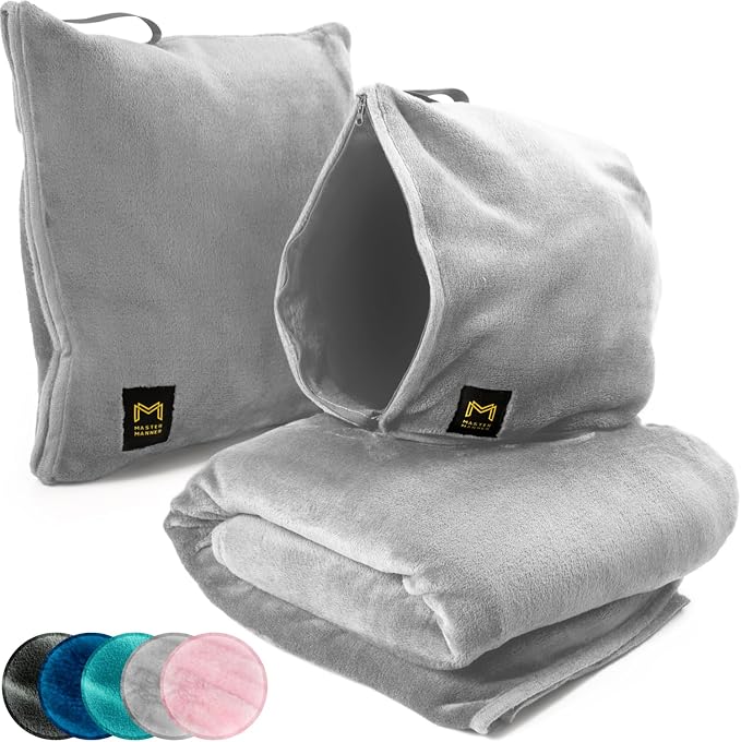 Travel Blanket Airplane Compact with Hoodie – 2in1 Airplane Travel Accessories from Plane Blanket to Travel Pillow with Luggage Strap, Soft Handle & Secure Pocket | 300 GSM fleece airplane blanket; attached hoodie doubles as its storage case | 62 x 41 ... by MasterManner