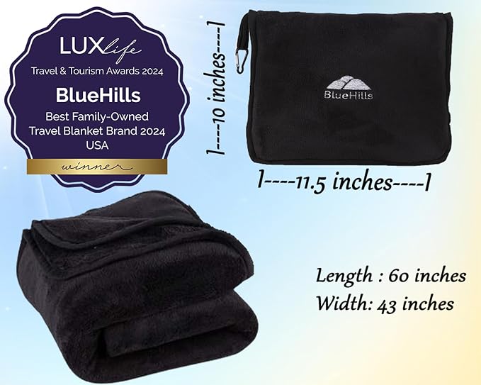BlueHills 2-Pack Premium Soft Travel Blanket Pillow Airplane Plush - Black | Travel Blanket Pillows for 2, Matching Zipper Case, Hand Luggage Belt & Backpack Clip, Must Have Airplane Travel Essentials - Image 5