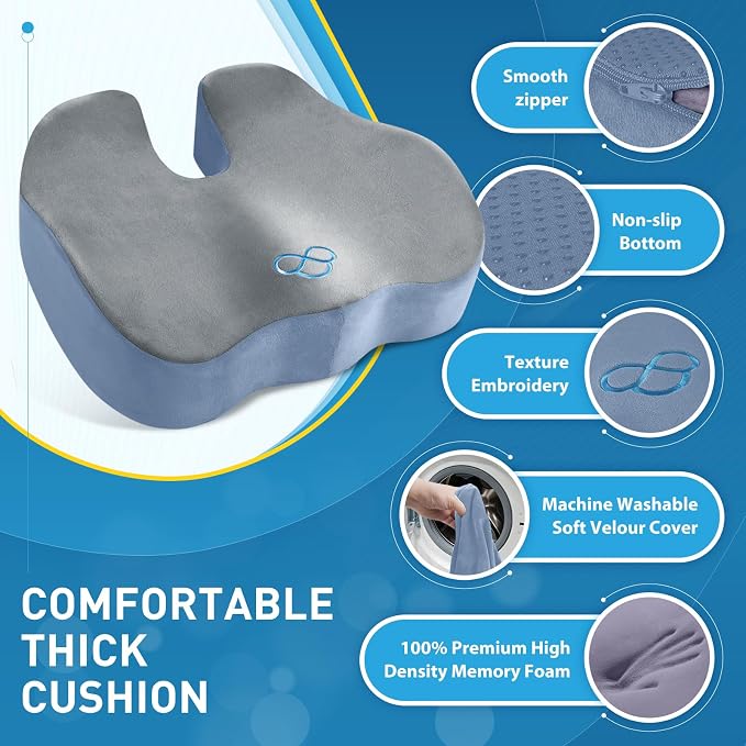 BlissTrends Memory Foam Seat Cushion for Office Chair & Car Seat Grey&Blue | 4.7in Ergonomic Tailbone & Sciatica Support with Removable Velvet Cover for Pressure Relief and Long Sitting Comfort - Image 5