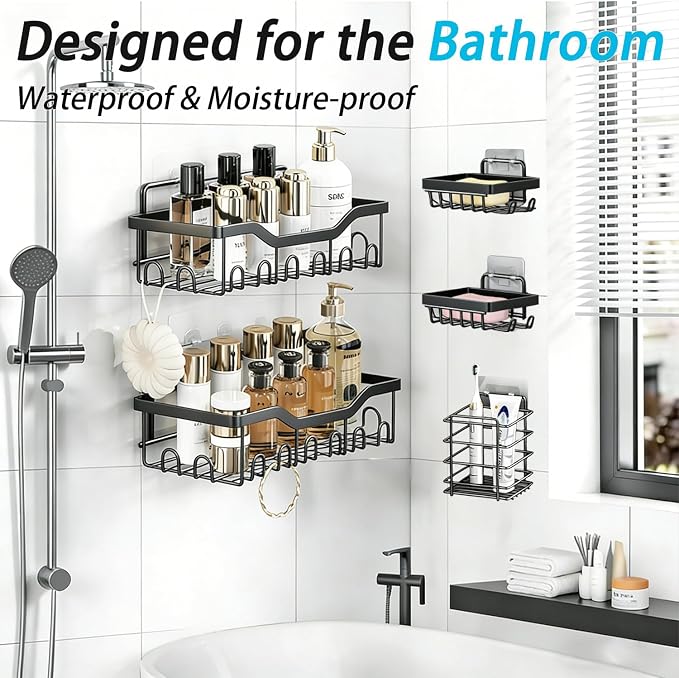 Fammart Adhesive Shower Caddy, 5-Pack Rustproof Stainless Steel Bathroom Organizer with 28 Hooks, No-Drill Large Capacity Shower Shelves for Bathroom Storage & Home Décor, Black - Image 2