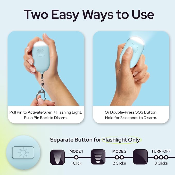 Weten Rechargeable Personal Alarm Keychain - 130dB Siren & LED Light - 2 Pack Personal Safety Alert for Women to Carry - Panic Button Alarm for Security - Rape Whistle for Self Defense (Black&Blue) - Image 3