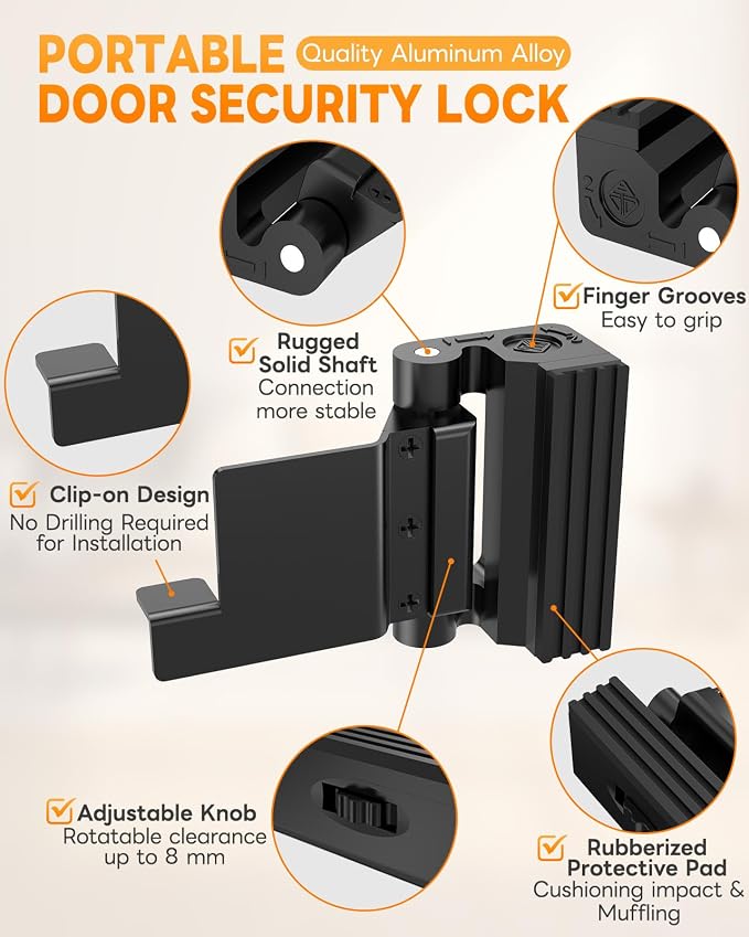 Portable Door Lock for Travel, Adjustable No Drilling Door Reinforcement Lock, Extra Latch Stopper for Hotel Room, Home Apartment, Inward Swing Door - Family & Travelers Security (Black-2PCS) - Image 4