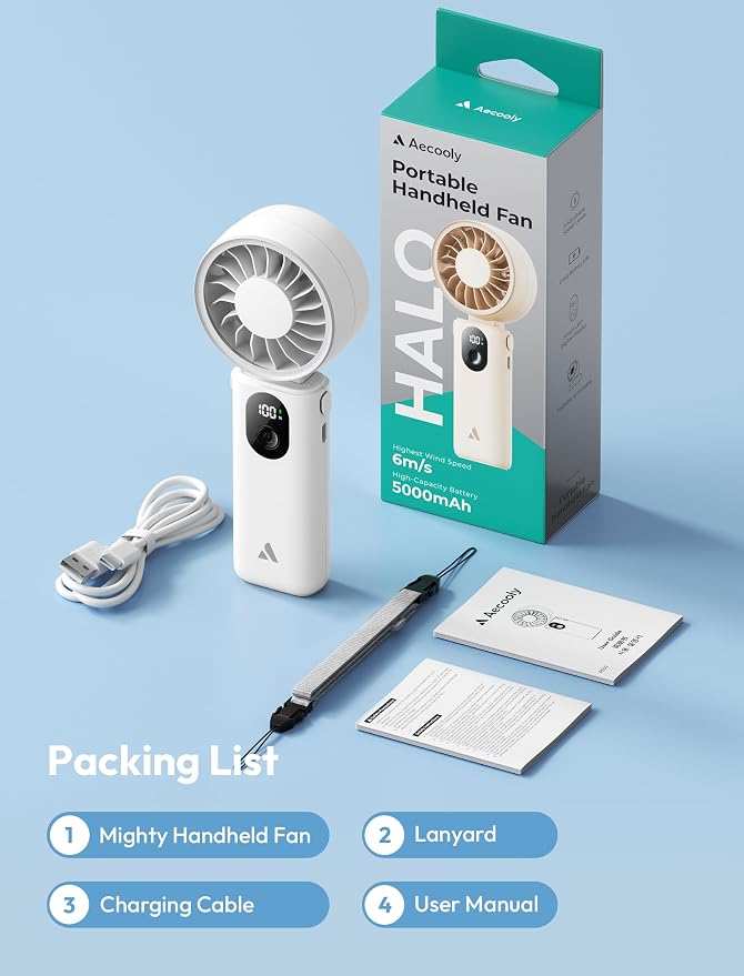 Aecooly Mighty Portable Handheld Fan | 26H Max Cooling | 3 Flexible Modes | 5 Speeds Wind | Battery Level Display | USB Rechargeable Mini Personal Battery Powered, Gifts for Women, Travel -White - Image 9