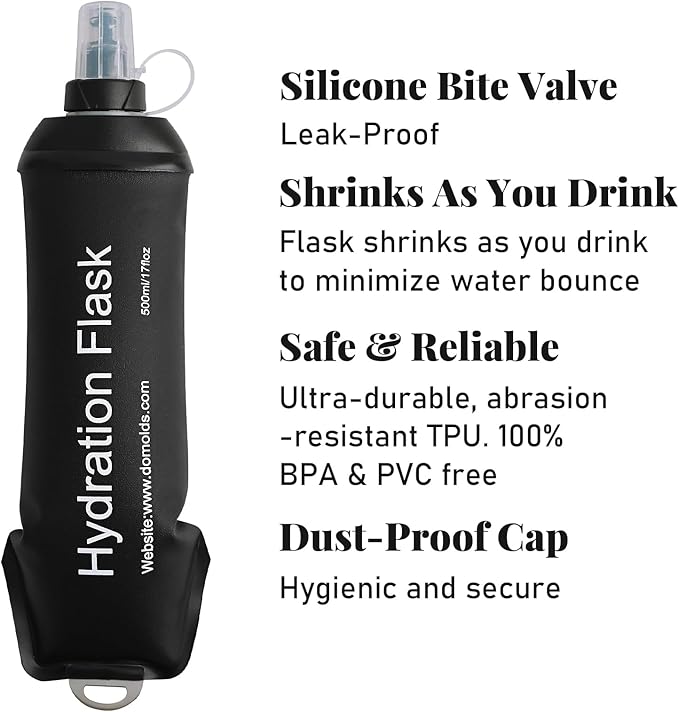 2Pcs 500ml Soft Flask, TPU Collapsible Soft Water Bottle for Hydration Pack, Running Vest, Leak-Proof Folding Water Bottle for Hiking Cycling Climbing Jogging- Black - Image 2