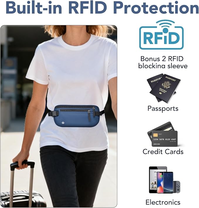 Travel Money Belt Hidden Passport Holder for Men/Women- RFID Blocking- Slim Anti-Theft Waist Wallet under Clothes,Travel Wallet Money Pouch, Travel Belt Fits Passport Phone Cash Cards (Navy Blue) - Image 5